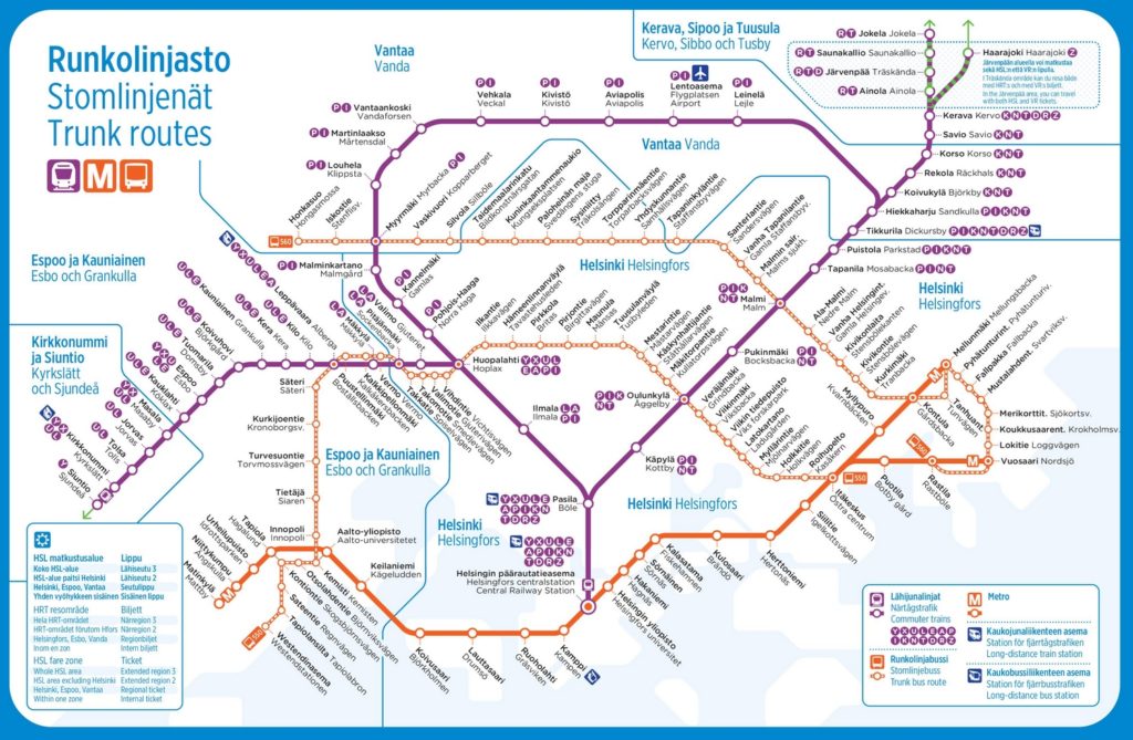 Маршруты общественного транспорта Хельсинки на карте