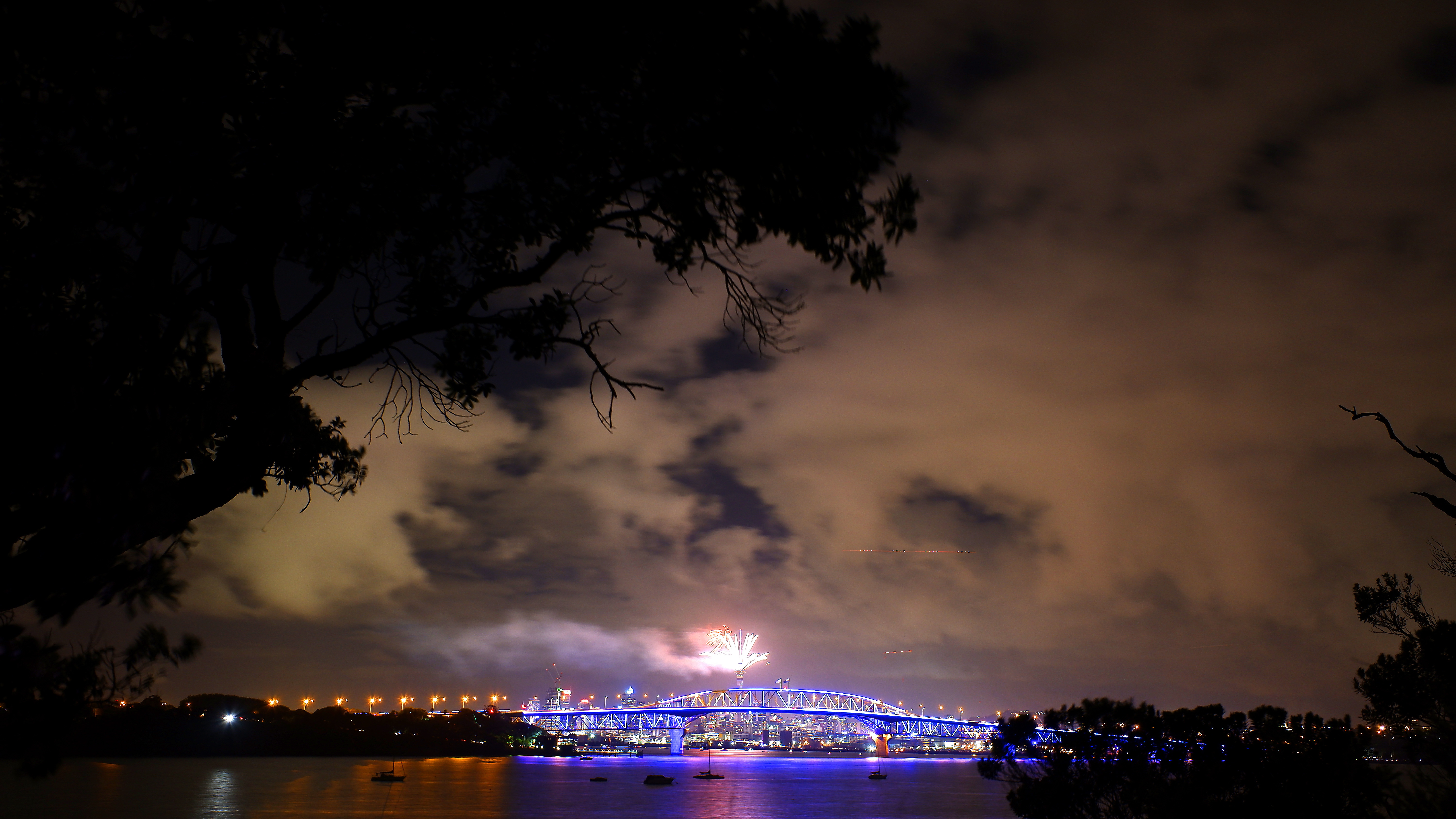 Fireworks are seen exploding from the Sky Tower with the Auckland Harbour Bridge in the foreground during the Auckland New Year