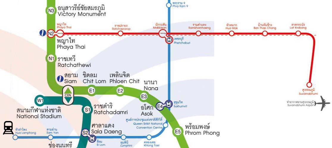 Схема со всеми остановками Airport Rail Link, ветками метро и BTS 