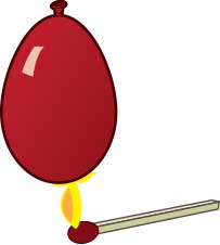 Cartoon of water balloon with flaming match held next to it.