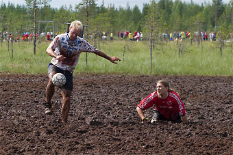 Hyrynsalmi is best-known for its ski resort Ukkohalla and the annual swamp soccer world championships (above).