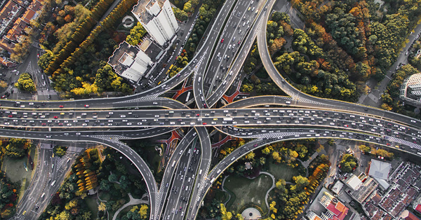 Aerial shot of highways overlapping in Shanghai, China