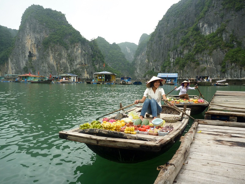 Торговцы на лодках в заливе Вьетнама