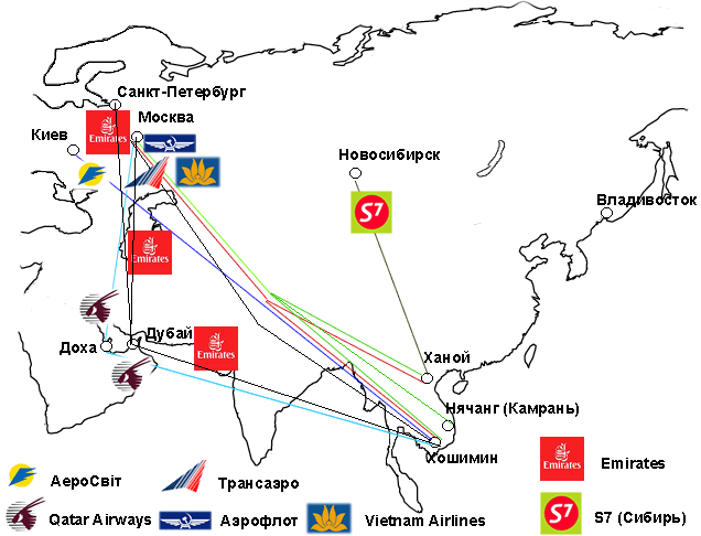 Карта-схема регулярных рейсов во Вьетнам