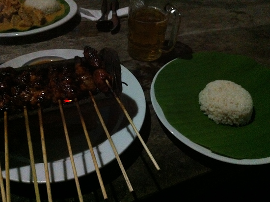 Sate Ayam (Chicken Satay) and rice with beer. The perfect Indonesian meal