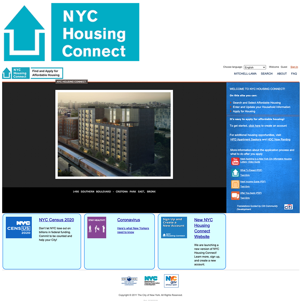 screen shot of the original nyc housing connect website